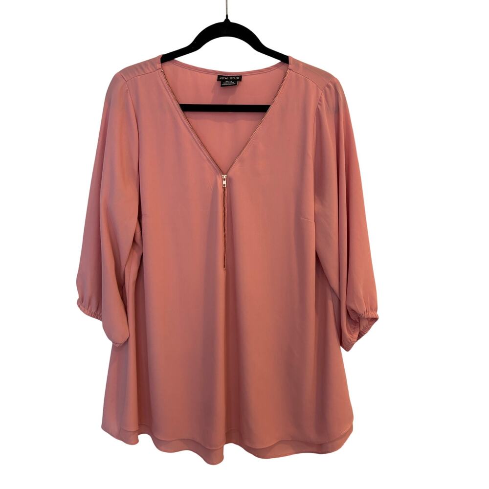 City Chic Sexy Fling Zip Front Blouse Dusty Rose Pink Plus Size Flowy Tunic 14